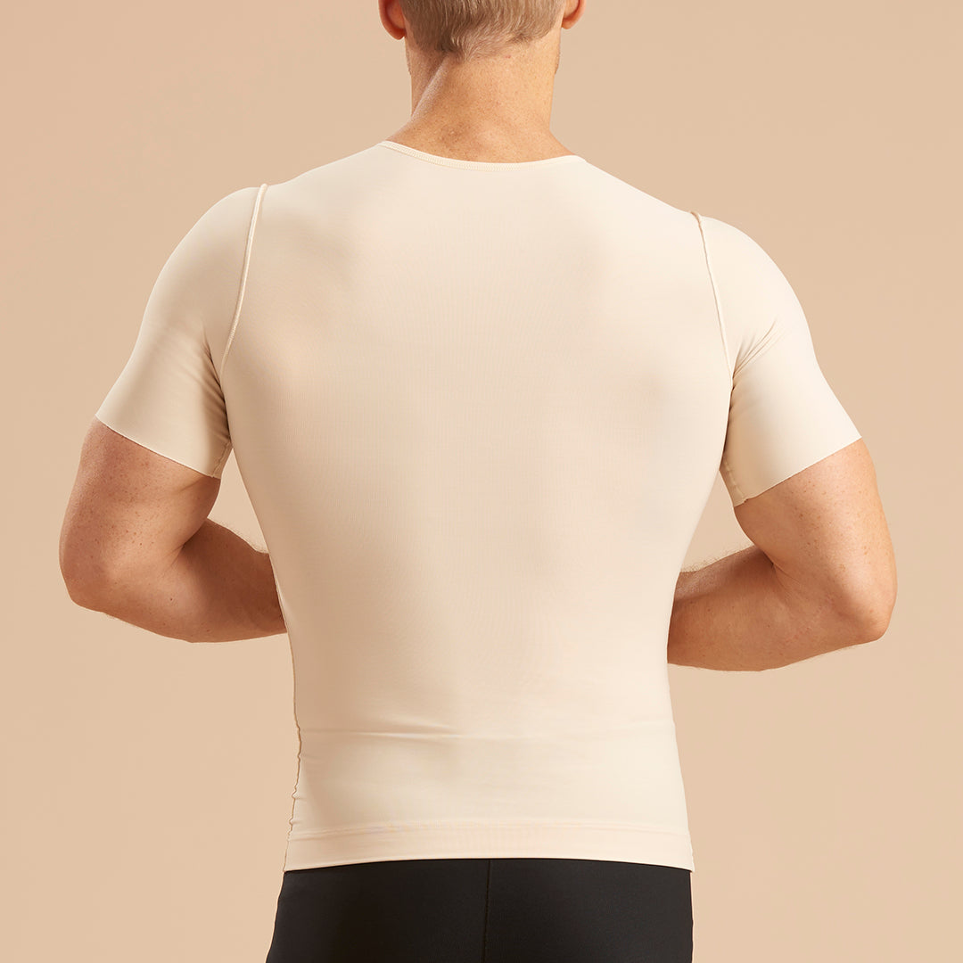 Marena Recovery style MCV-SS Short sleeve compression vest with front zipper, back view in beige