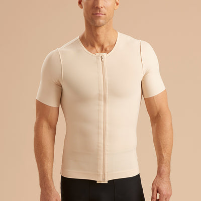Marena Recovery style MCV-SS Short sleeve compression vest with front zipper, front view in beige