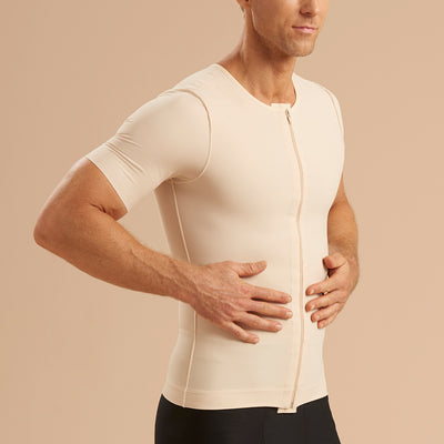 Marena Recovery style MCV-SS Short sleeve compression vest with front zipper, side pose view in beige