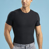 Marena Shape style ME-1000 Short sleeve compression crew neck, front view in black shown tucked into grey pants