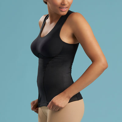 Marena Shape style ME-806 Easy-On pocket compression cami side detail  view, in black