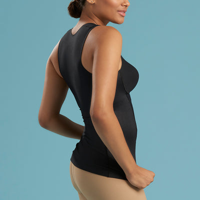 Marena Shape style ME-806 Easy-On pocket compression cami side detail view, in black