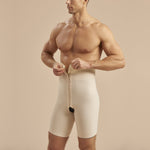 Marena Recovery style MGS Men's Thigh length compression girdle, front pose view in beige