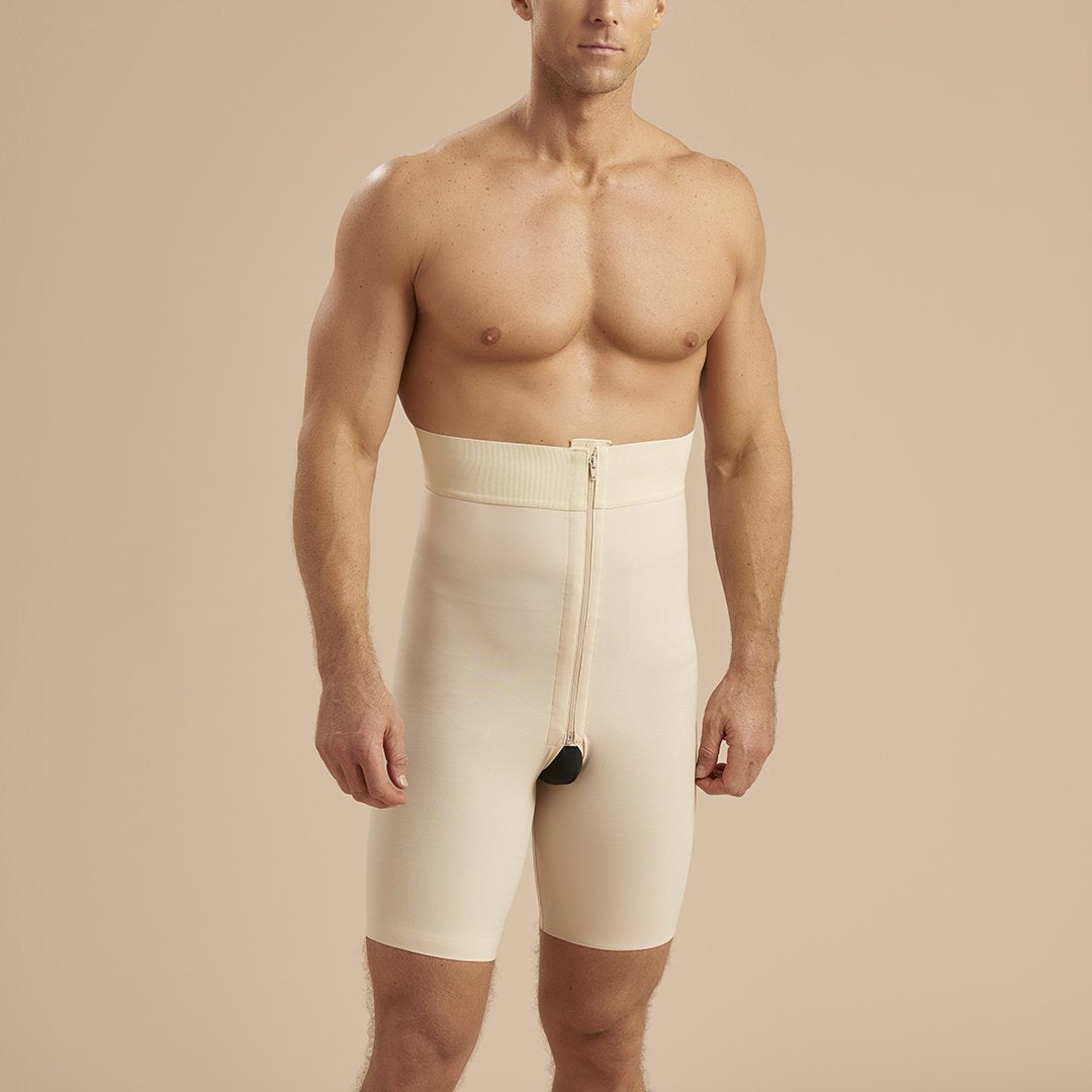 Marena Recovery style MGS Men's Thigh length compression girdle , front view in beige