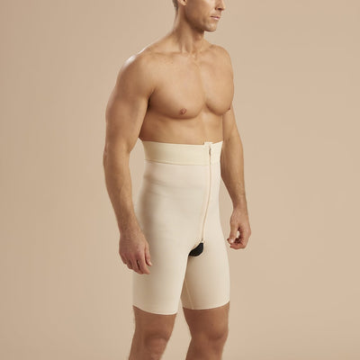 Marena Recovery style MGS Men's Thigh length compression girdle, side view in beige