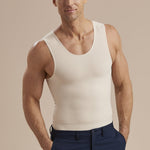 Marena Recovery style MHTT Sleeveless Compression Tank top, front view in beige shown tucked into blue pants