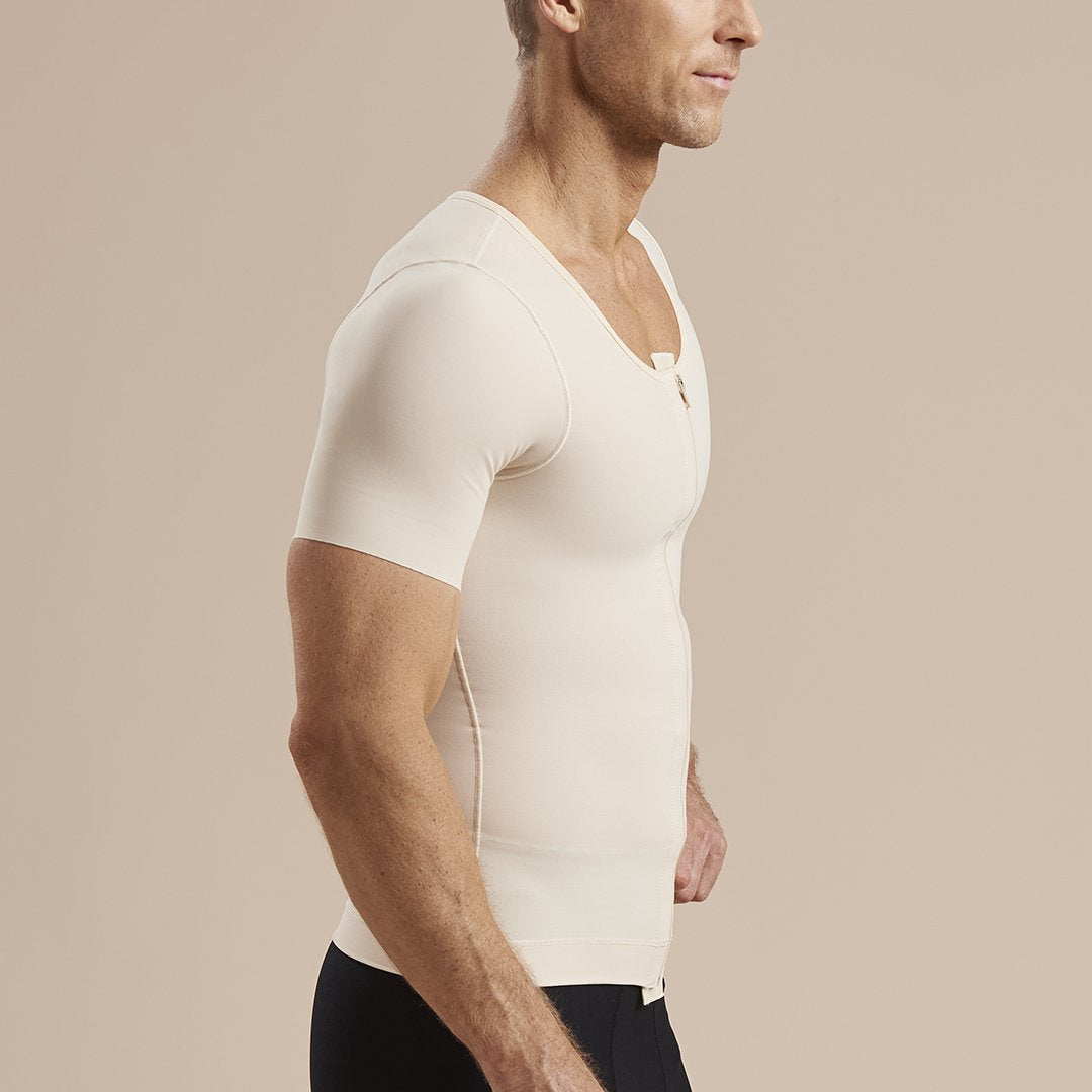 Marena Recovery style MHV-SS Short sleeve Compression vest with front zipper, side view in beige