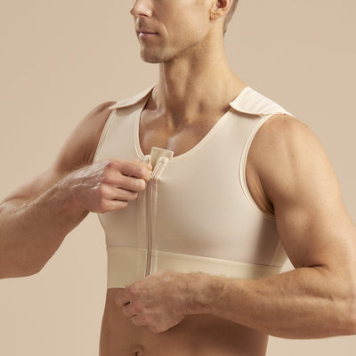 Marena Recovery style MVS Short compression vest with zipper and velcro straps, side zipper detail  view in beige