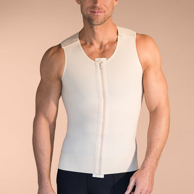 Marena Recovery style MV Sleeveless compression vest with front zipper, front view in beige