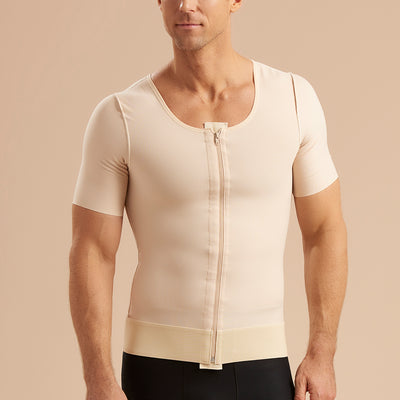 Marena Recovery style MV-SS Short Sleeve compression vest with front zipper, front pose view in beige