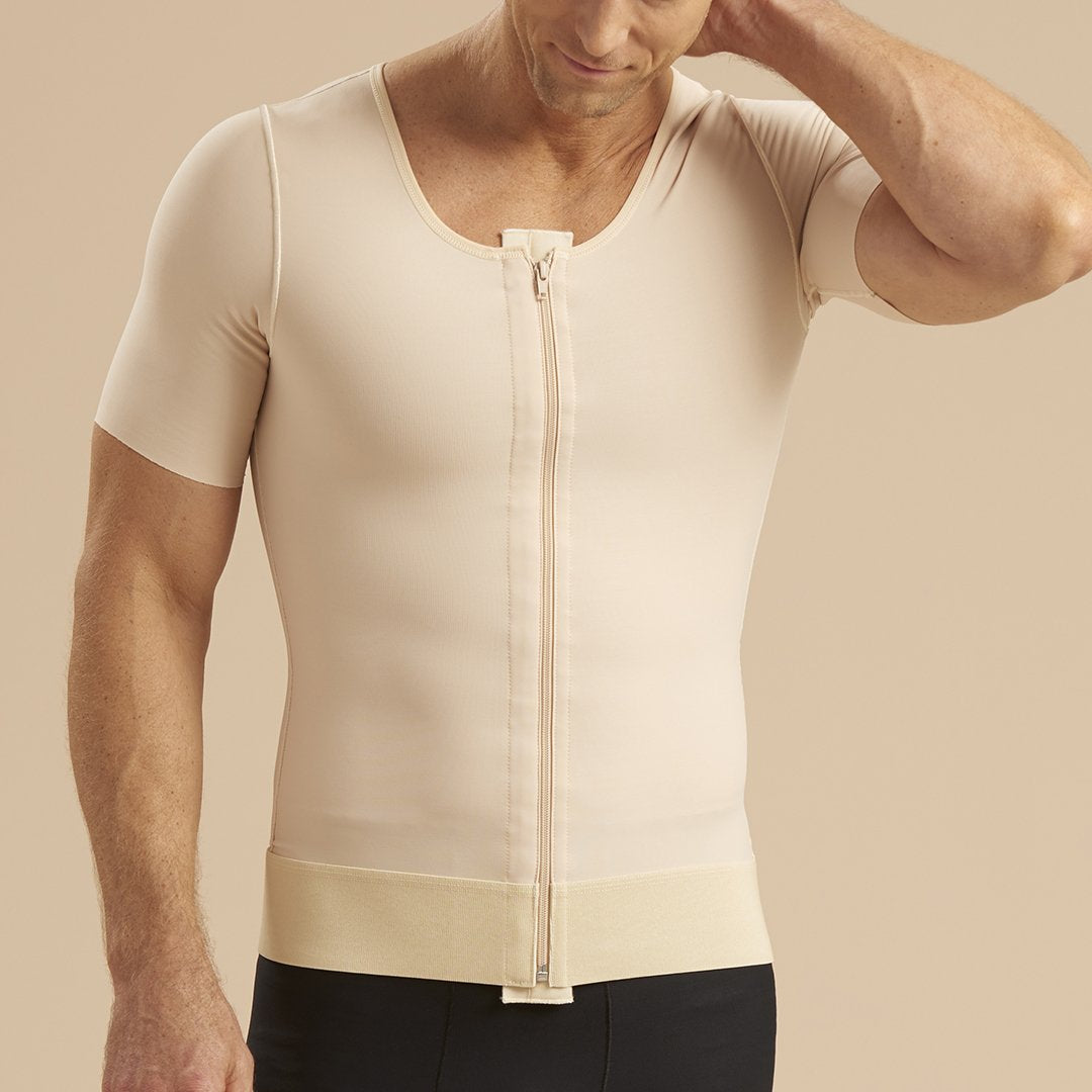 Marena Recovery style MV-SS Short Sleeve compression vest with front zipper, front pose view in beige