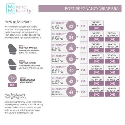 Marena Maternity™ Post-Pregnancy Wrap Bra Size Chart