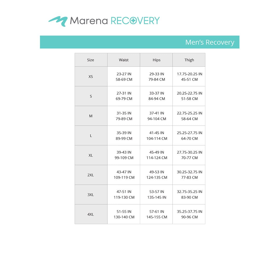 Marena Men's Recovery size chart, waist hips thigh  point of measure