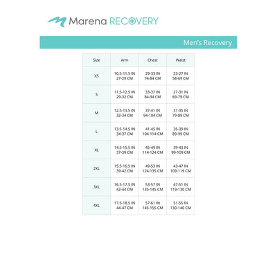 Marena Men's Recovery size chart, arm, chest waist point of measure