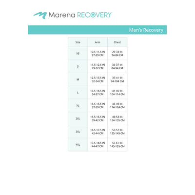 Marena Men's Recovery size chart, arm chest point of mesure