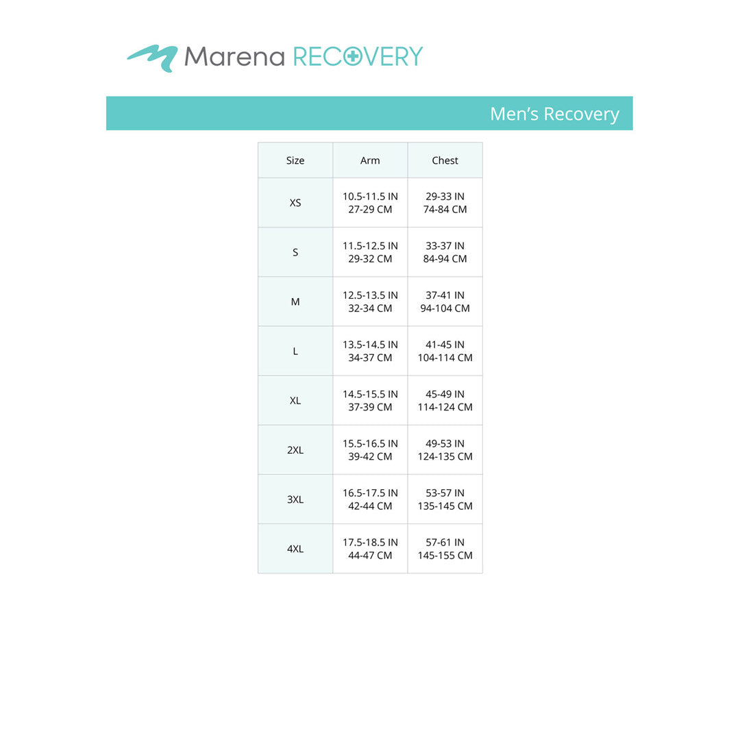 Marena Men's Recovery size chart, arm chest point of mesure