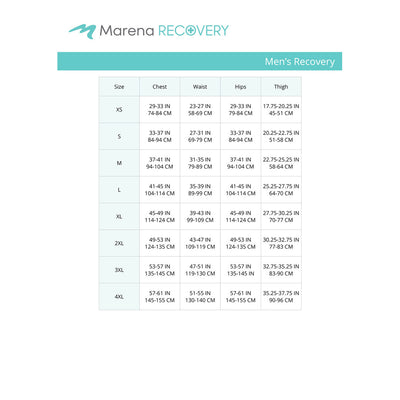 Marena Men's Recovery size chart, chest, waist hips thigh point of measure
