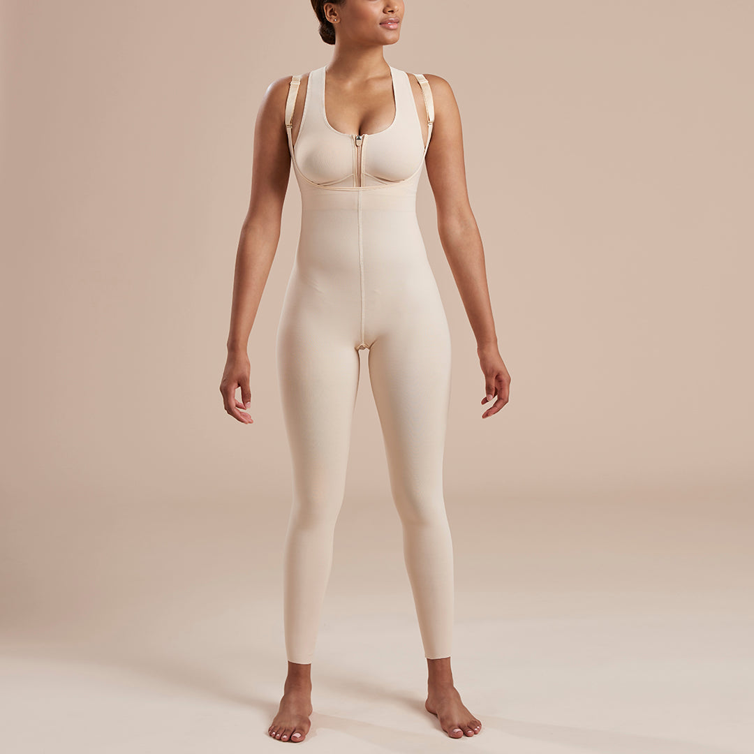 Marena Recovery style SFBHL2 Ankle length compression girdle with high back zipperless, front view in beige