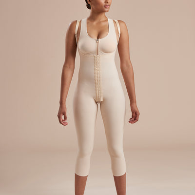 Marena Recovery style SFBHM Capri length compression girdle with high-back front view in beige