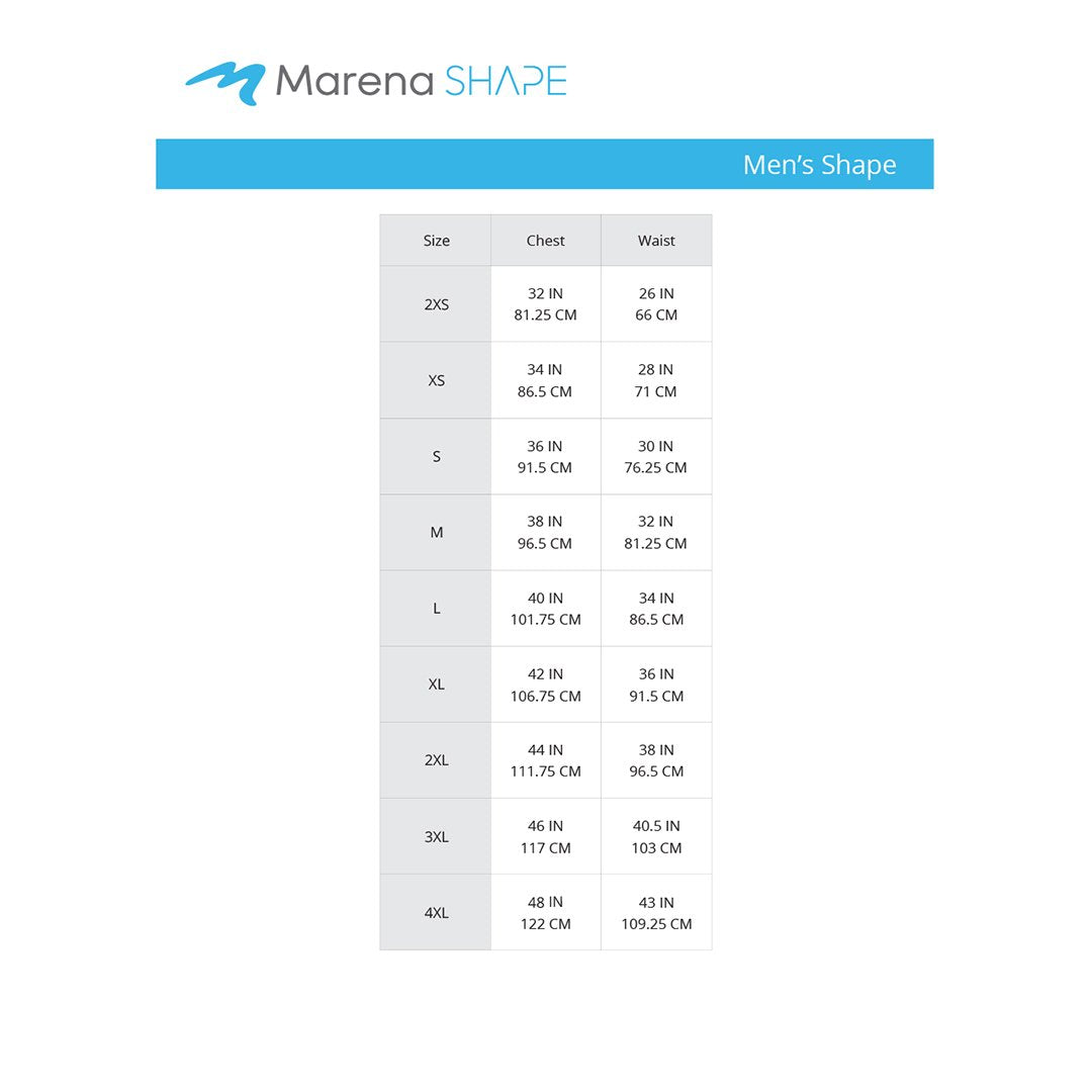 Marena Men's Shape size chart, chest waist point of measure
