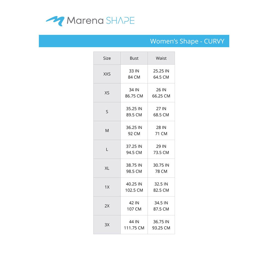 Marena Women's Shape Curvy size chart, bust waist point of measure