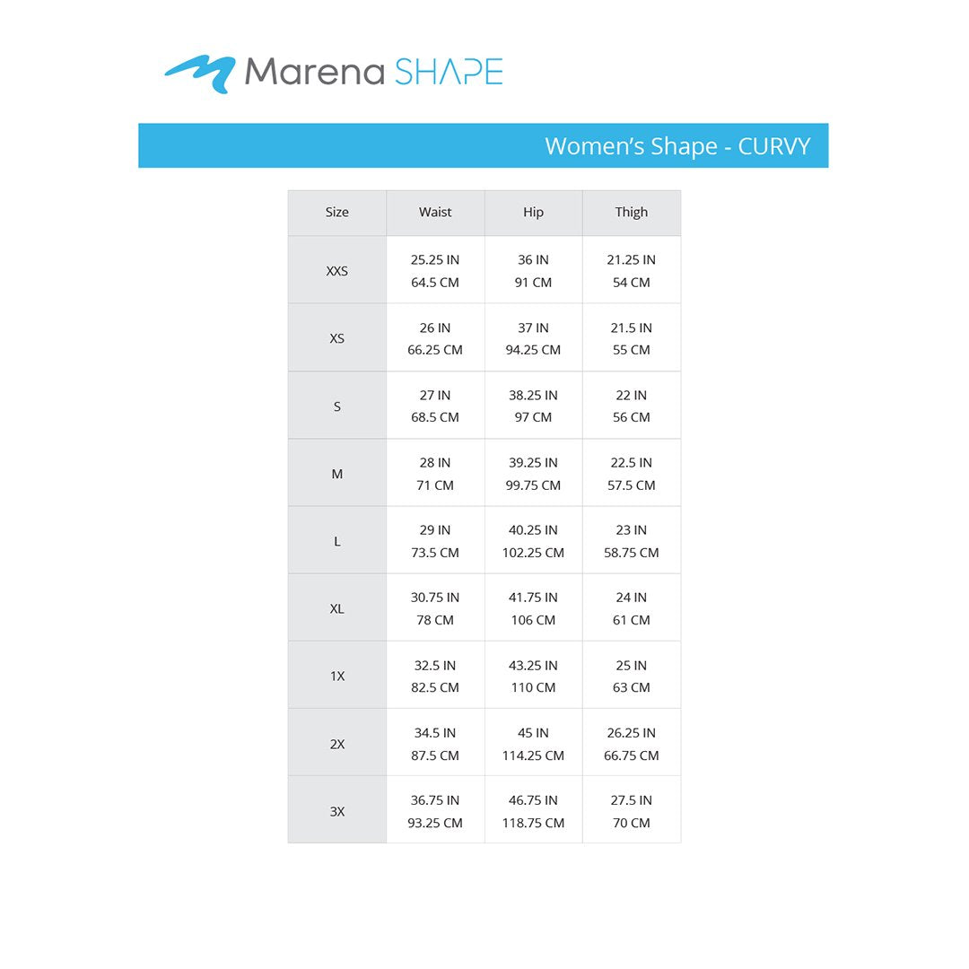 Marena Shape Women's Curvy size chart, waist hips thigh  point of measure