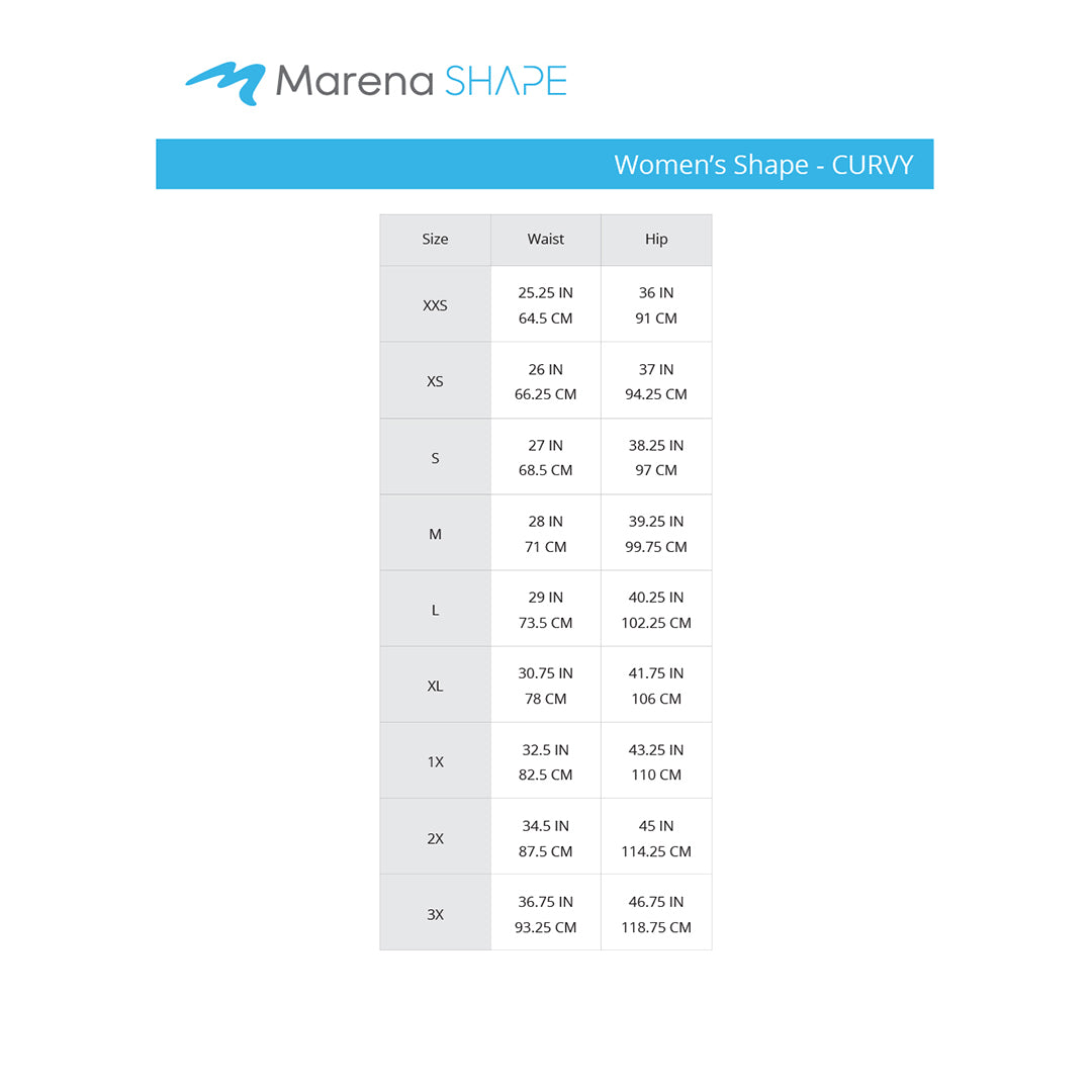 Marena Shape Women's Curvy size chart, waist hips point of measure