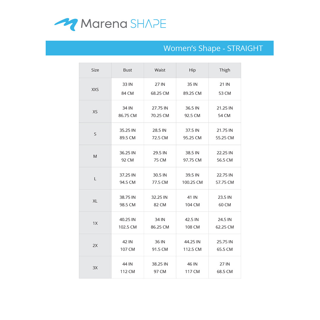 Marena Women's Shape Straight size chart, bust waist hip thigh point of measure
