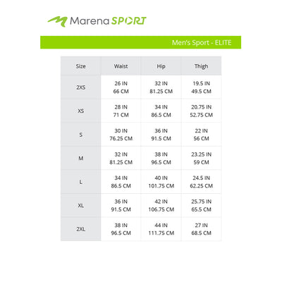 Marena Sport Men's Elite size chart, waist hip thigh point of measure