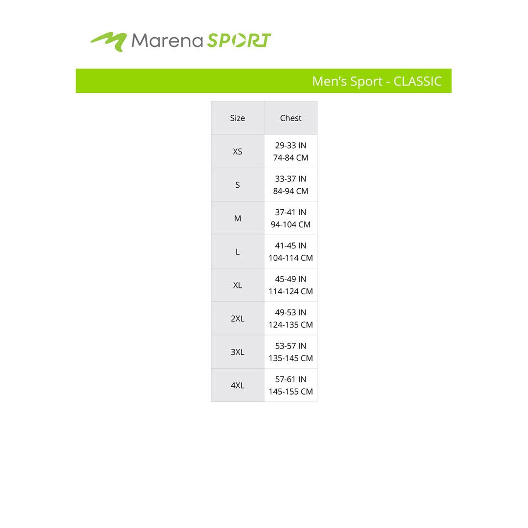 Marena Sport Men's Classic size chart, chest point of measure