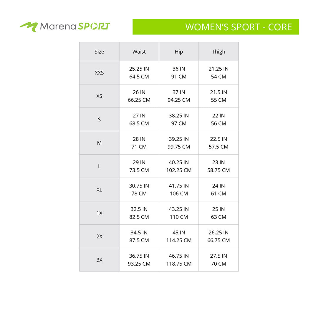 Marena Sport Women's Core size chart, waist, hips and thigh point of measure