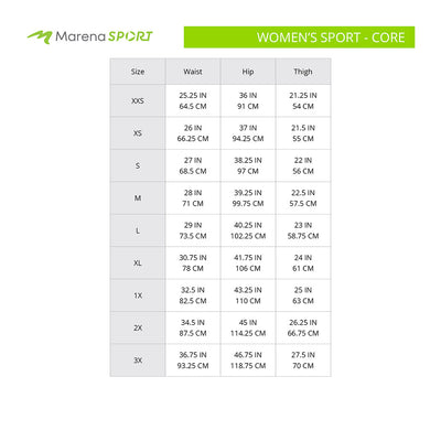Marena Sport Women's Core size chart, waist, hip and thigh point of measure