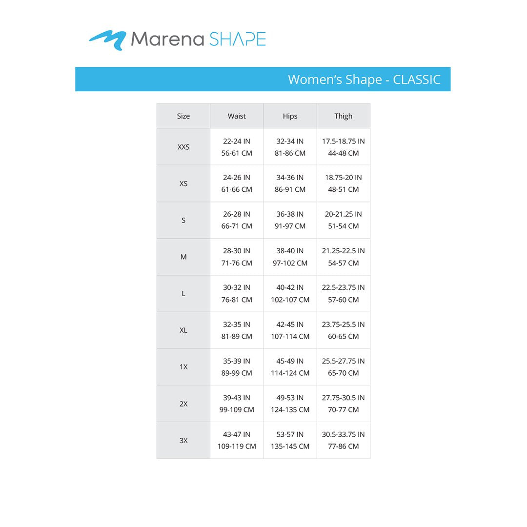 Marena Women's Shape Classic size chart, waist, hips, thighs point of measure
