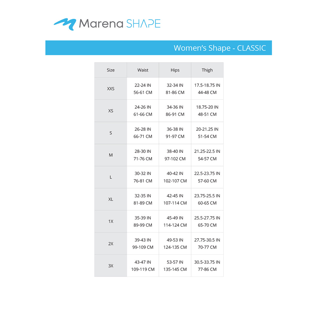 Marena Women's Shape classic size chart, waist hips thigh point of measure