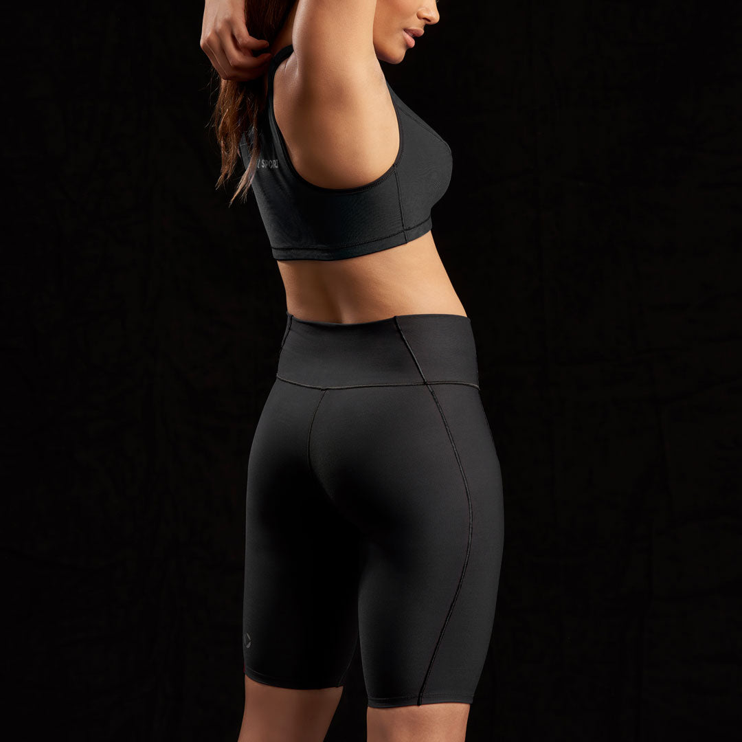 Marena Sport style 224 Core Natural Waist compression short back pose view, in black 