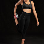 Marena Sport style 225 Core Natural Waist Capri length compression legging front pose view, in black 