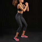 Marena Sport style 225 Core Natural Waist Capri length compression legging pose view, in black 