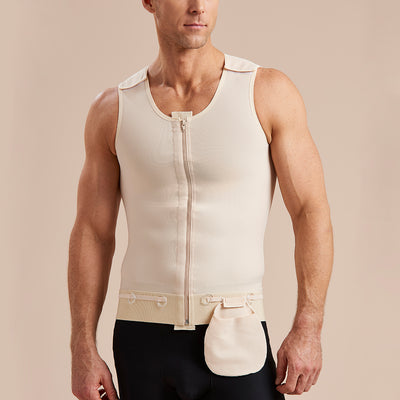 Marena Recovery POUCH 2 worn on UV/CP Drain bulb management compression vest,  front view on male model