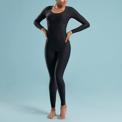 Marena Shape style VA-01 VerAmor Long-sleeve compression regular inseam bodysuit front pose view, in black