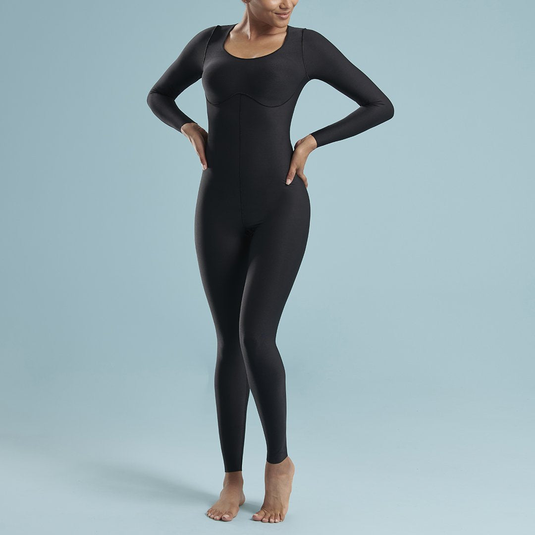 Marena Shape style VA-01 VerAmor Long-sleeve petite inseam compression bodysuit, front pose view in black