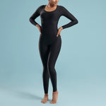 Marena Shape style VA-01 VerAmor Long-sleeve tall inseam compression bodysuit, front pose view, in black