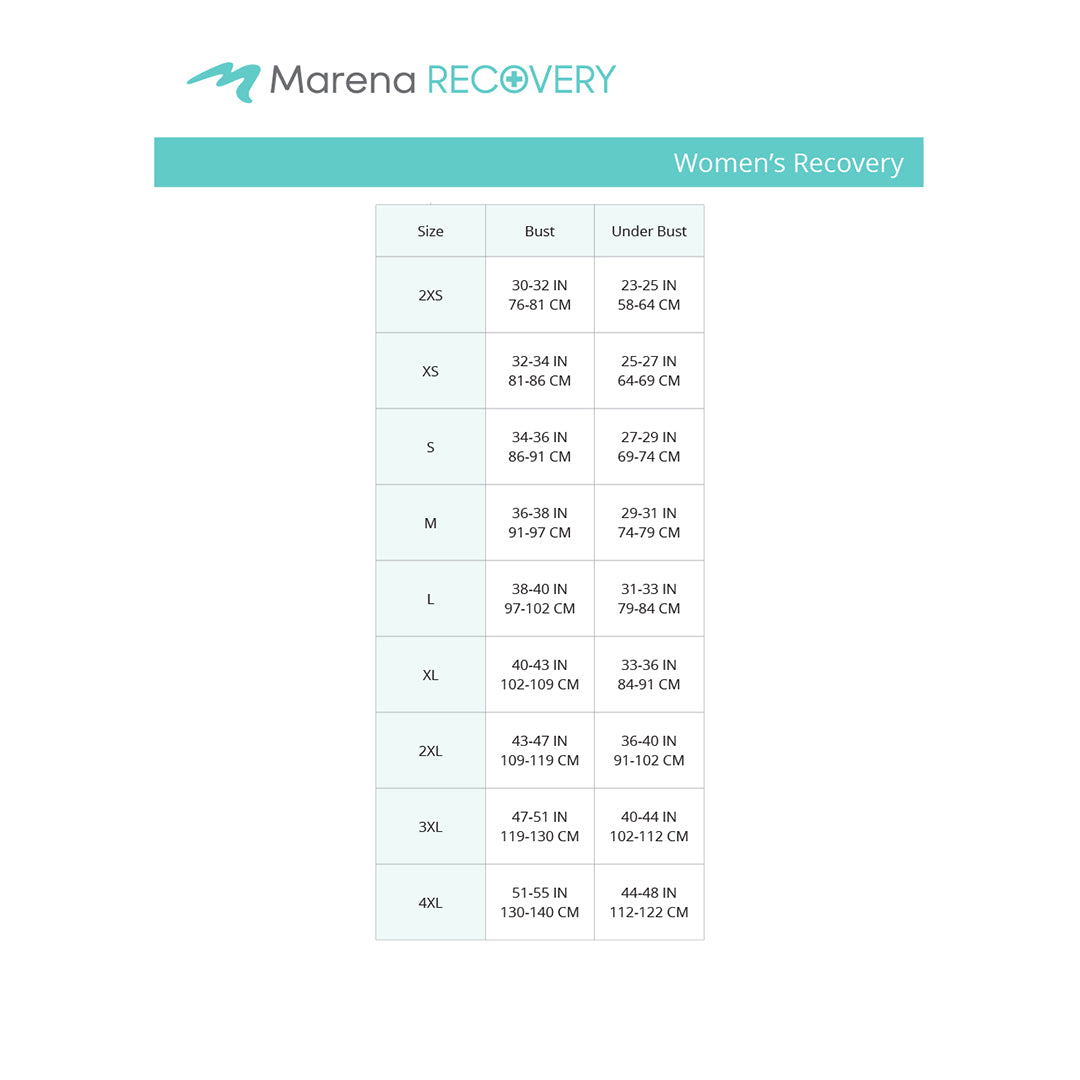 Marena Women's Recovery size chart, bust underbust point of measure