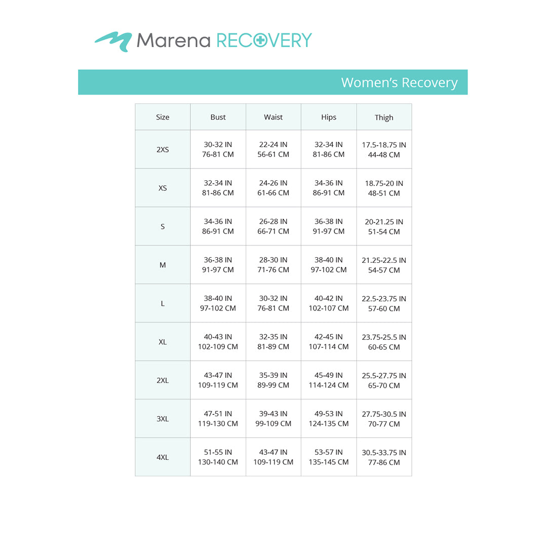 Marena Women's Recovery Size Chart, Bust, Waist, Hips and Thigh point of measure
