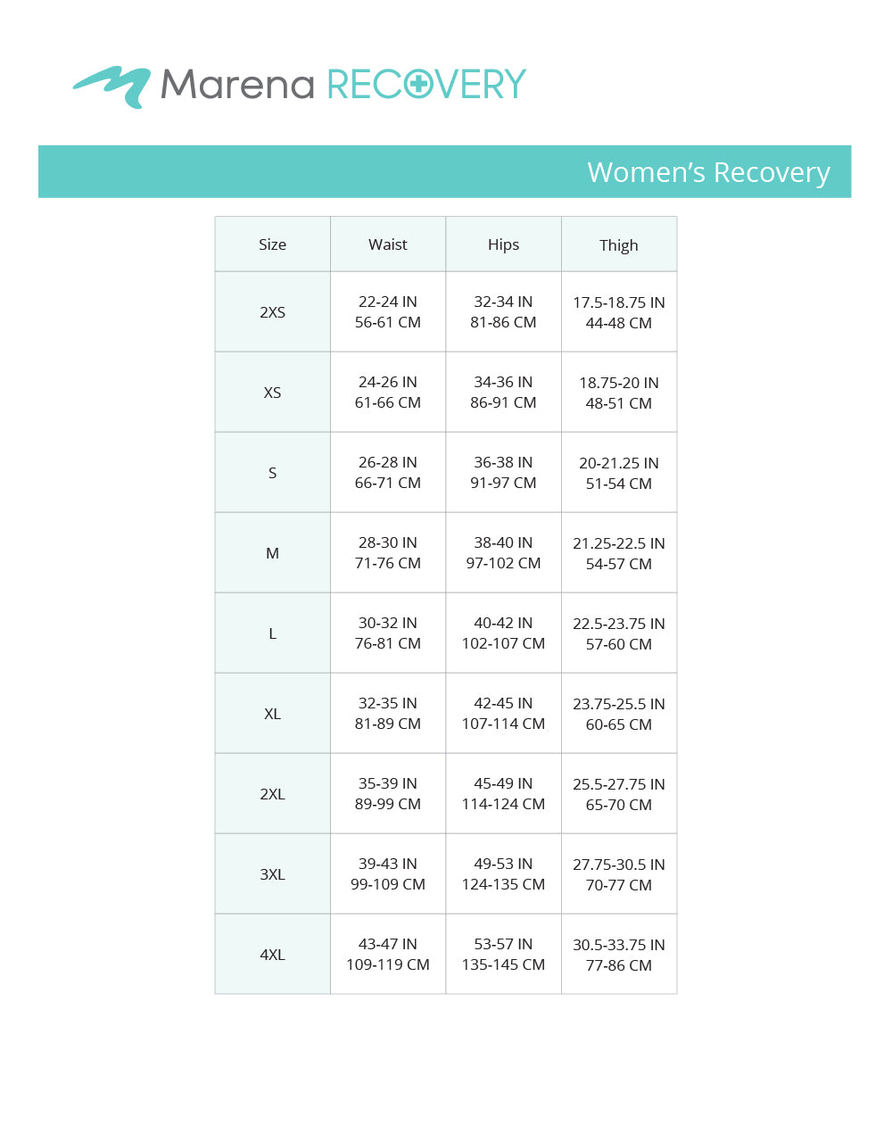 Marena Women's Recovery size chart, waist, hips and thighs point of measure
