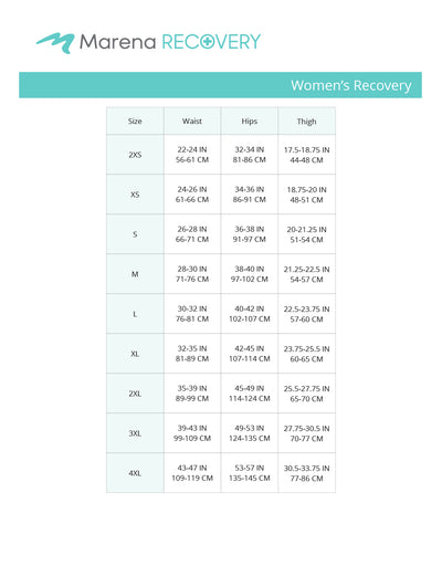 Marena Women's Recovery size chart, waist, hips and thighs point of measure