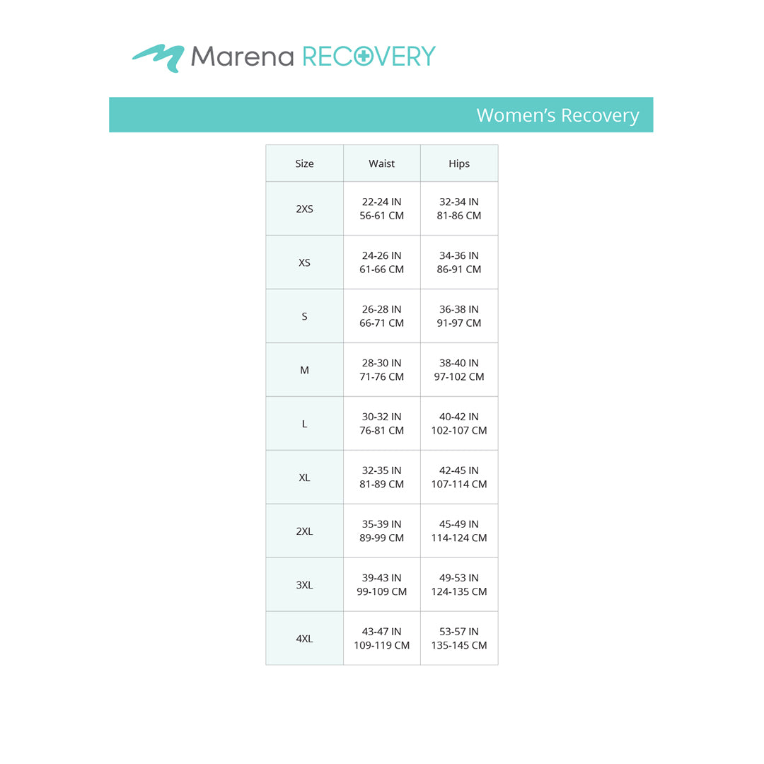 Marena Women's Recovery size chart, waist, hips points of measure
